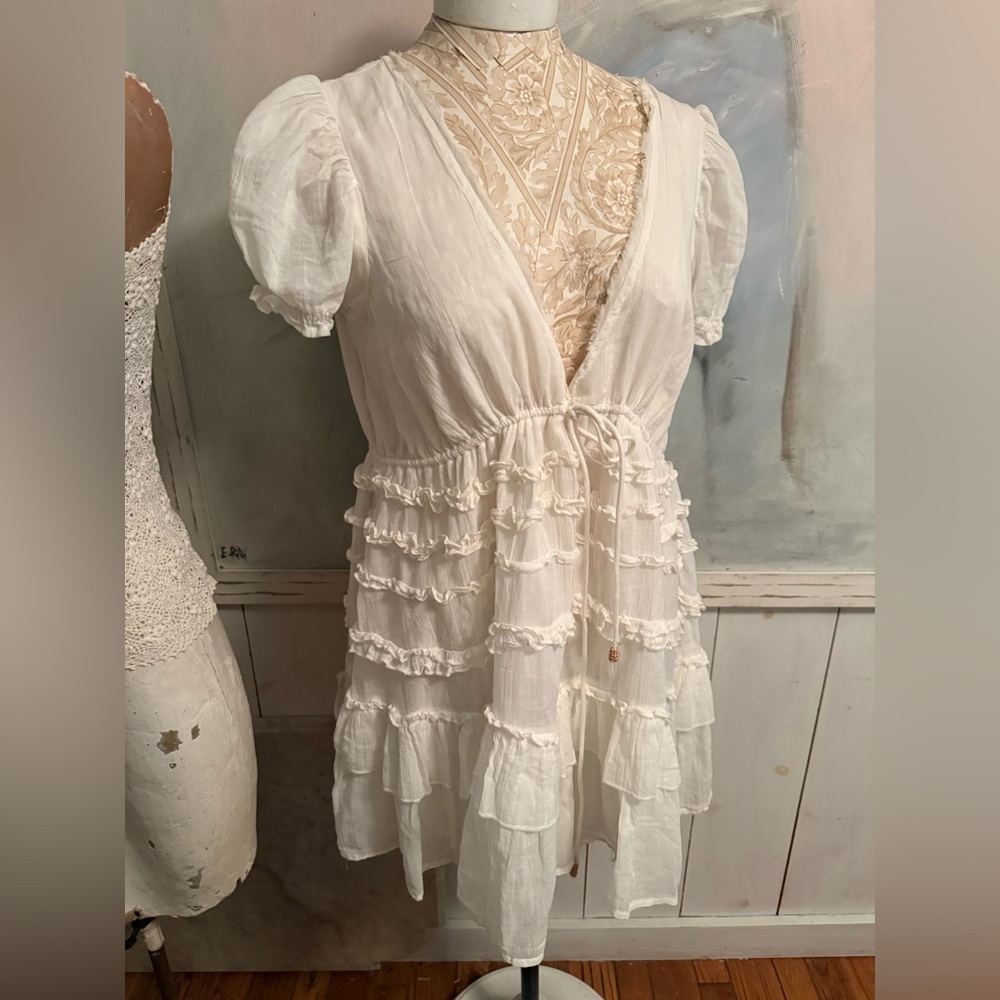 Free People White Ruffled Tiered V-Neck Babydoll Dress tie under bust